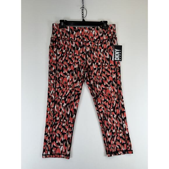 DKNY Sport Crop Pants Womens XL Red Black Animal Print High Waist Yoga Studio - Picture 1 of 8